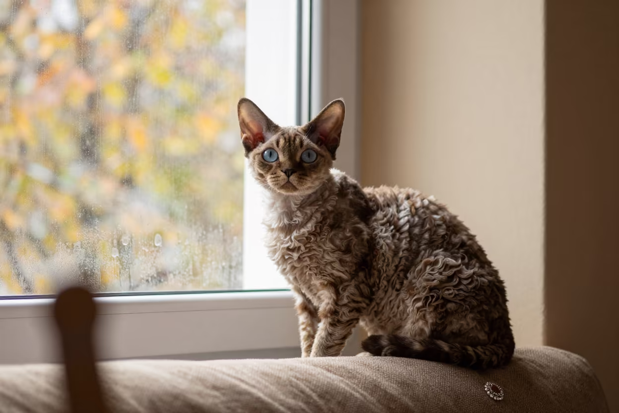 Devon Rex Cat Portrait on Sofa Near Window in on a sofa near a curtained window with calm indoor light in Bursa