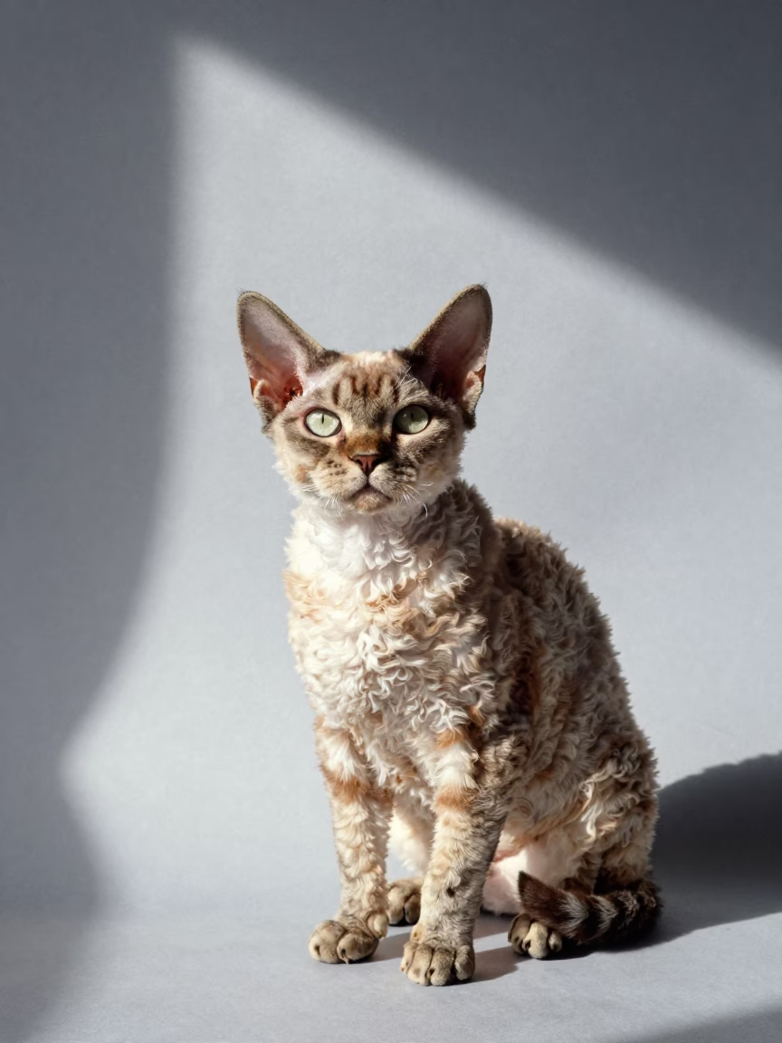Devon Rex Cat Portrait with Curled Coat in Groningen Studio in in a quiet portrait studio with a plain backdrop and eye-level framing in Groningen