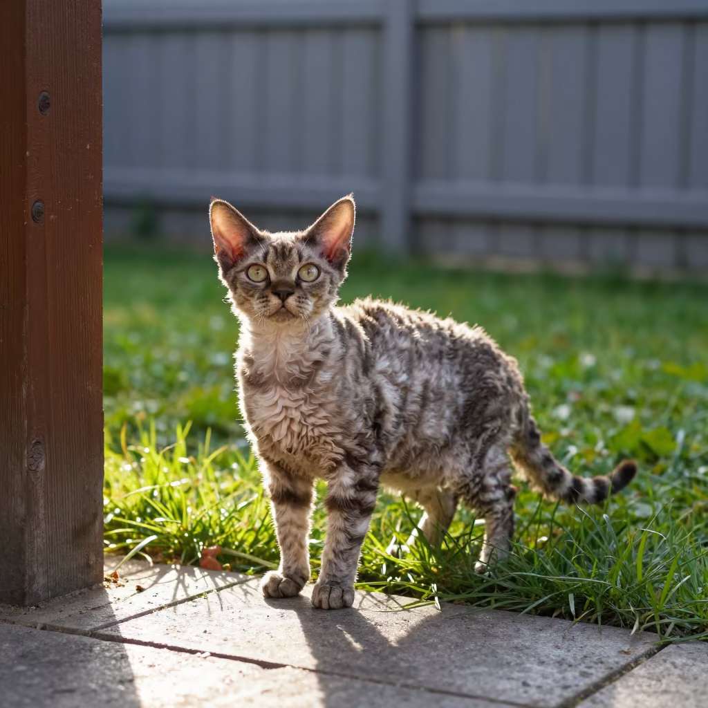 Devon Rex Portrait in Brno Yard Late Afternoon in in a small yard with clipped grass, calm light, and the animal centered in frame in Brno