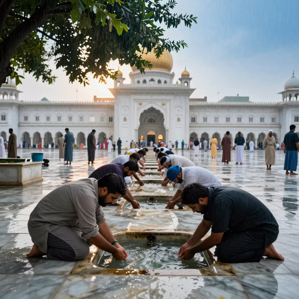 Devotees Washing Feet in Algiers Gurdwara Courtyard in in a temple courtyard in Algiers