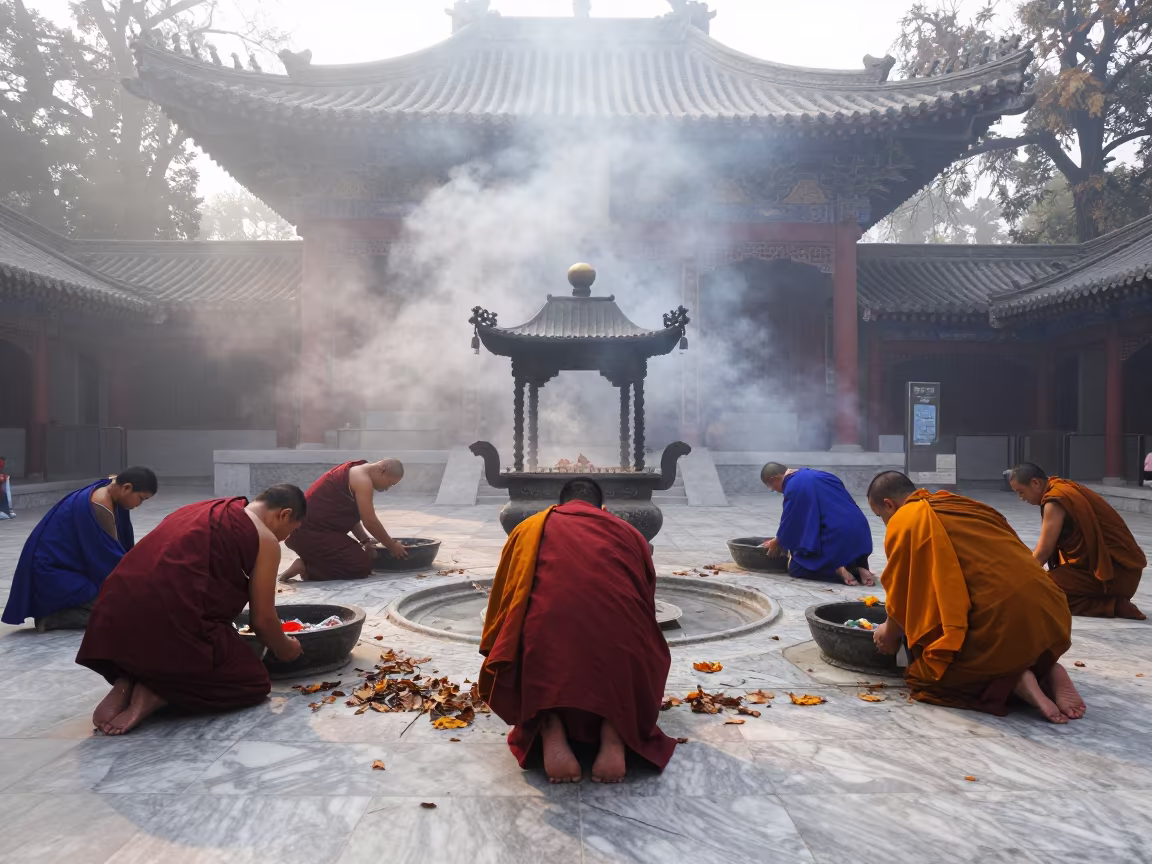 Devotees Washing Feet at Gurdwara Dawn Mist in beneath a pagoda roof in Montenegro