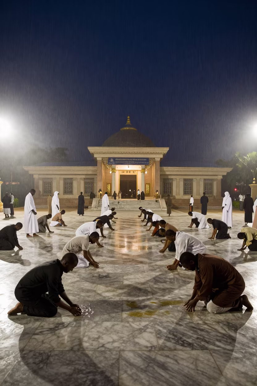 Devotees Washing Feet in Misty Night Courtyard in at a shrine entrance near Axum