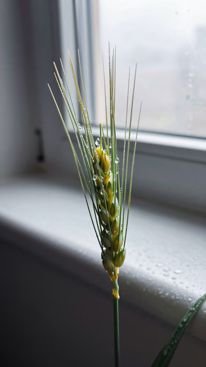 Dew on Barley Awns Macro North Window Light in across a rain-beaded metal surface near Sharjah