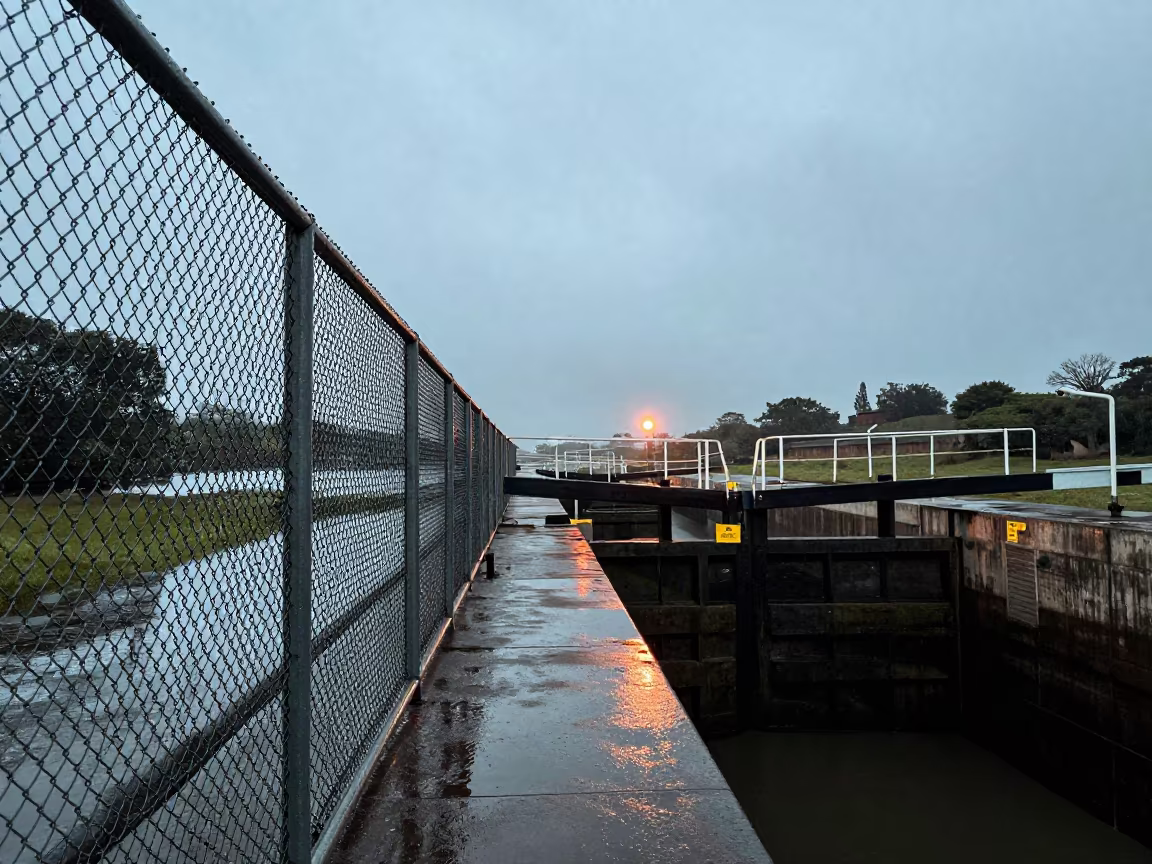 Dew Beaded Fence At Canal Lock Before Dusk in at a canal lock chamber near Bulawayo
