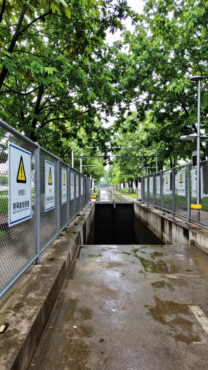 Dew Beaded Substation Fence at Canal Lock in at a canal lock chamber in Hefei