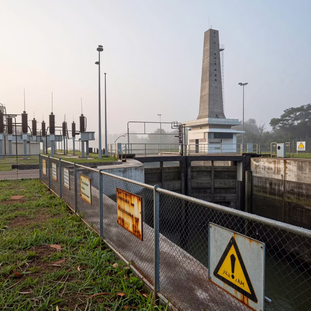 Dew Beaded Substation Fence Near Lock in at a canal lock chamber near São Paulo