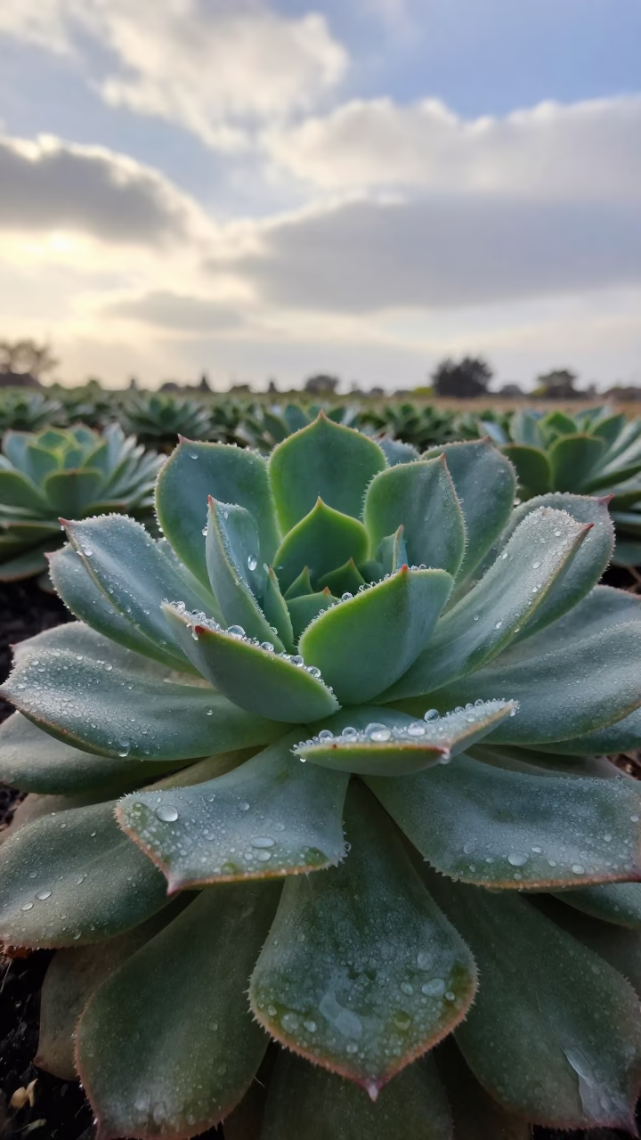 Dew-Covered Echeveria Rosette in Bahrain Morning Shadow in in Bahrain