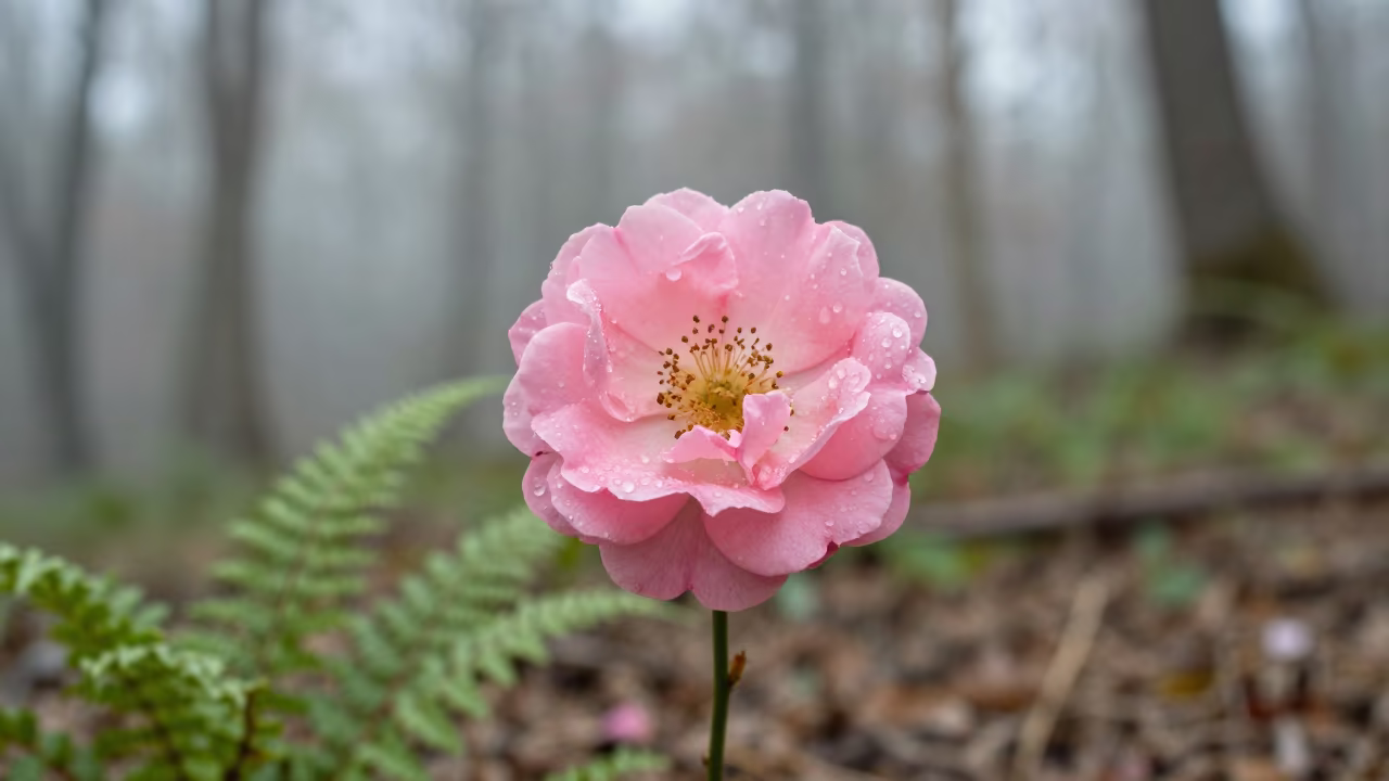 Dew-covered Rose Blossom on Forest Floor in on a fern-lined forest floor near Tripoli
