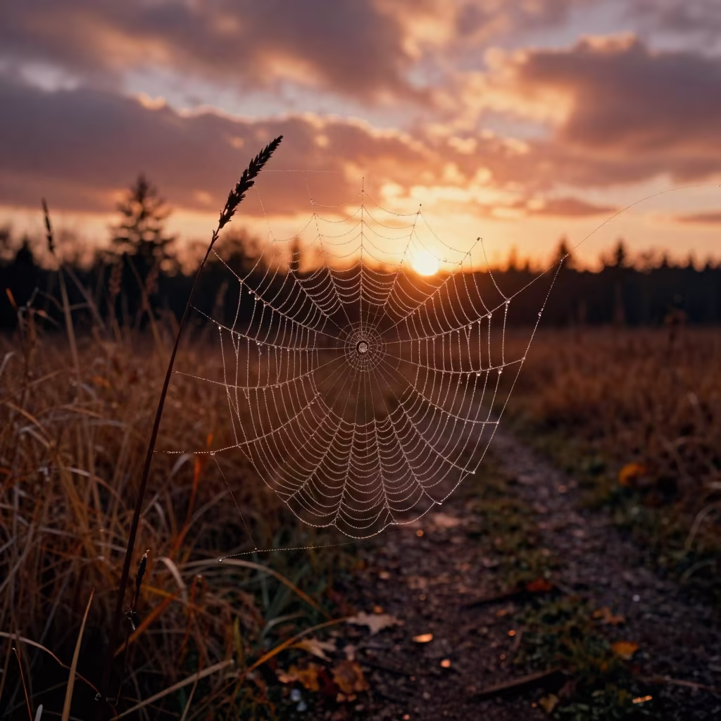 Dew Covered Spider Web in Autumn Sunset Light in along a game trail near Hawthorne, Portland