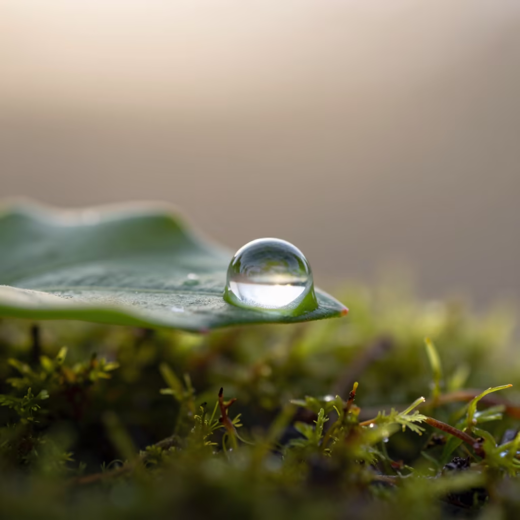Dew Droplet on Hydrophobic Leaf in Tuzla Moss in on dew-soaked moss in Tuzla