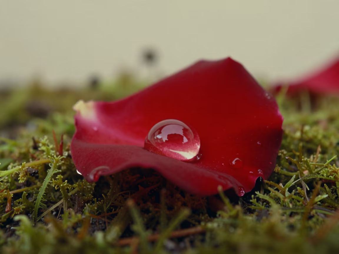 Dew Droplet on Rose Petal in Arequipa Garden in on dew-soaked moss in Arequipa
