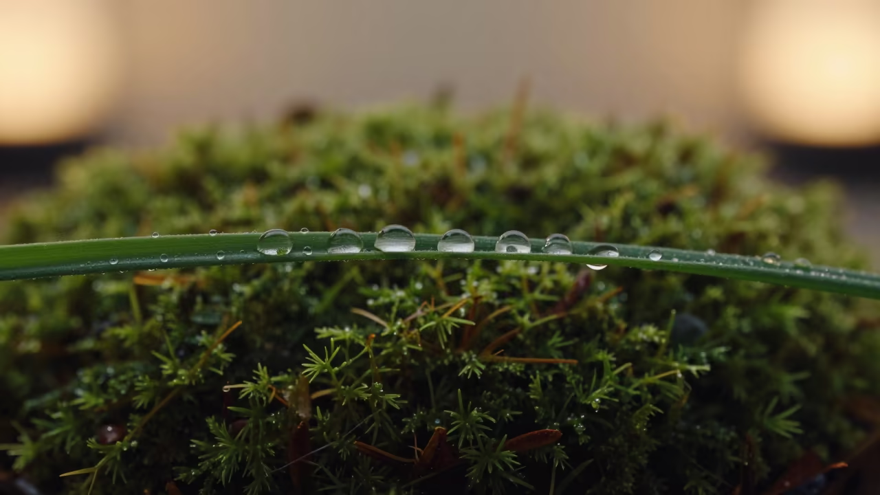 Dew Droplets on Grass Blade at Salvador Dawn in on dew-soaked moss near Salvador