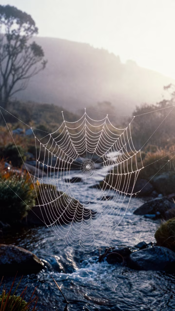 Dew Drops on Spider Web at Dawn in above a glacial stream in Tasmania