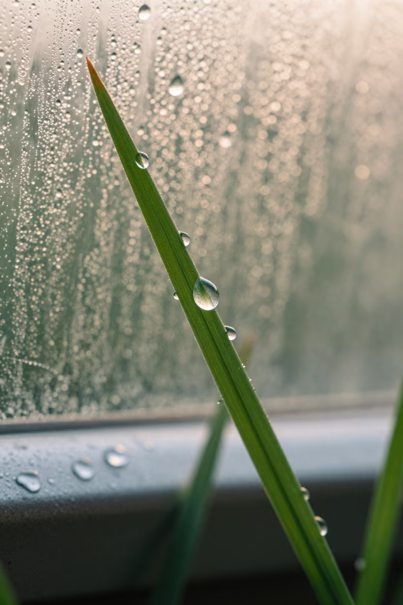Dew on Grass Blade at Dawn in Samsun in across a rain-beaded metal surface near Samsun
