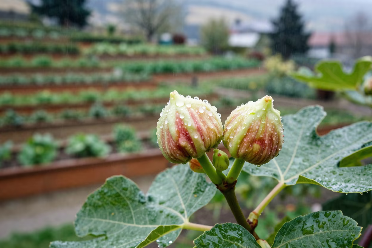 Dew Heavy Fig Blossom Early Spring Kelowna Garden in among terraced garden plots near Kelowna