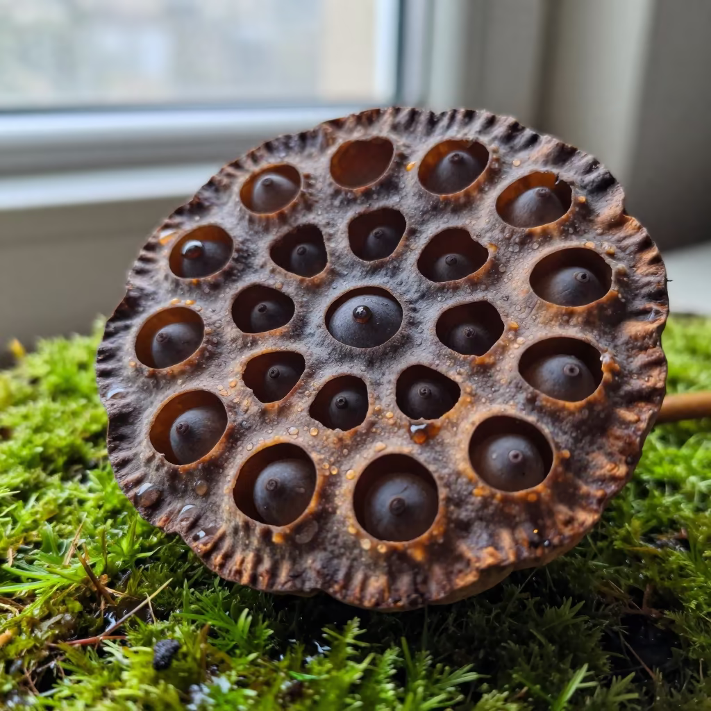 Dew on Lotus Seed Pod Honeycomb Holes in on dew-soaked moss near İzmit