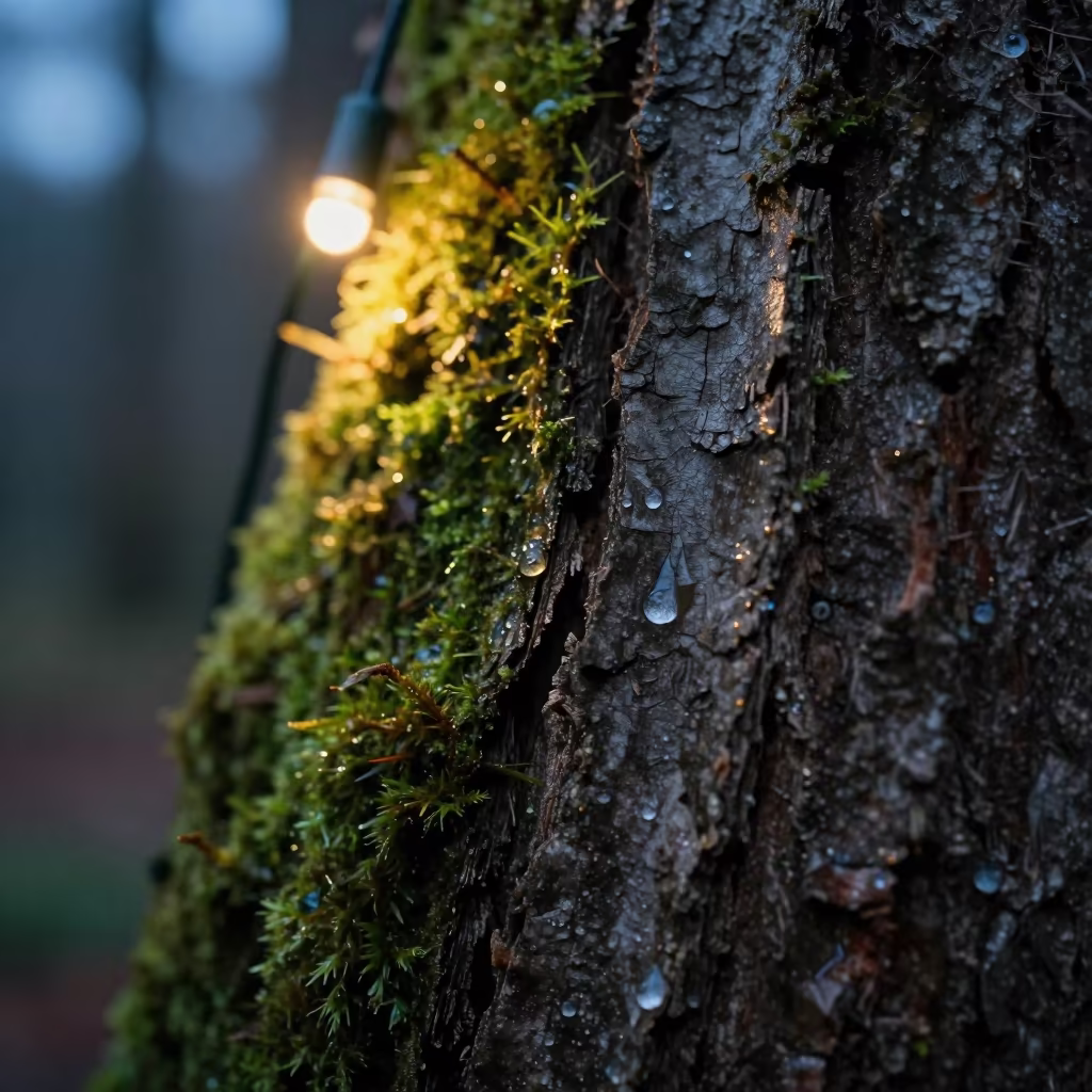 Dew on Moss Bark Fissure Twilight Glow in on dew-soaked moss in Dutse