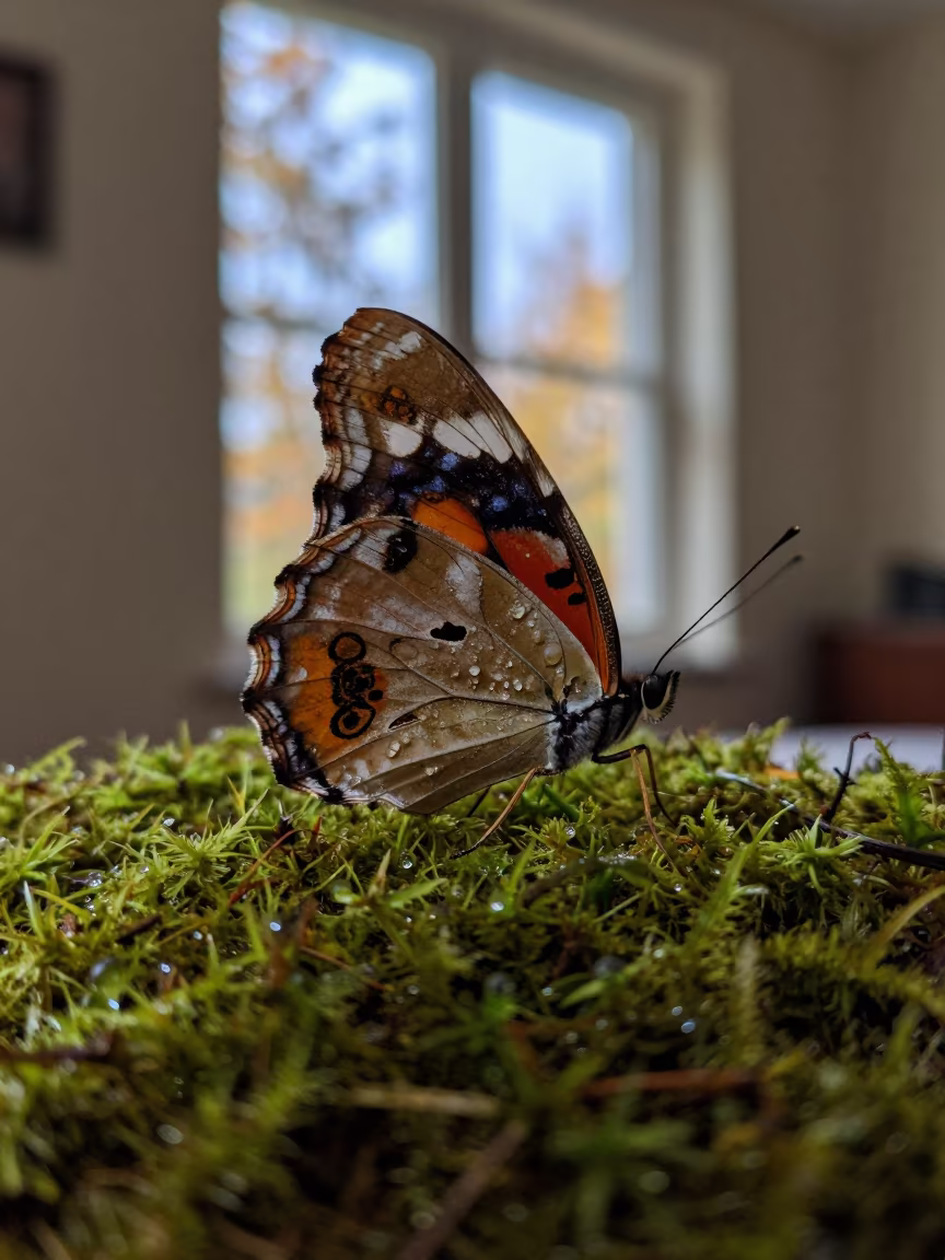 Dew on Moss Butterfly Wing Macro in on dew-soaked moss in Taldyqorğan