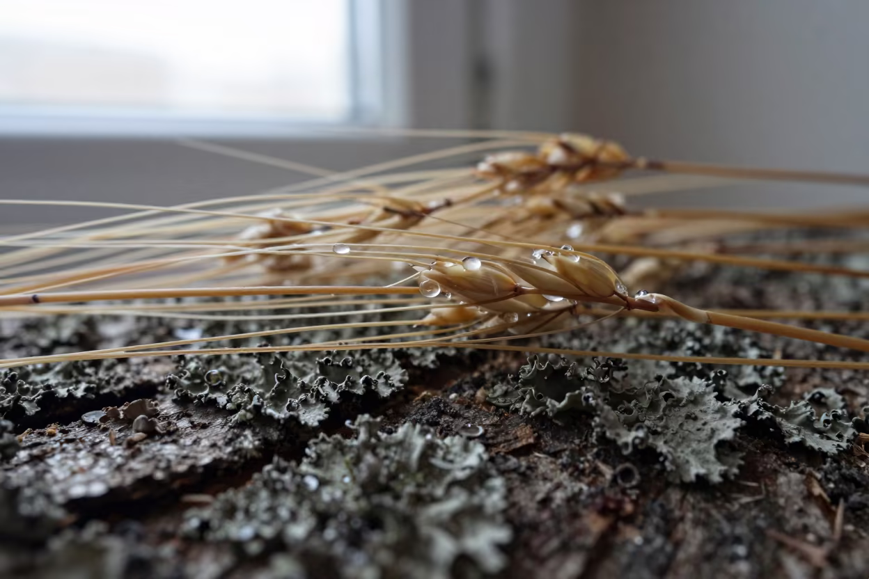 Dew on Barley Awns Lichen Bark Valencia in on lichen-covered bark near Valencia