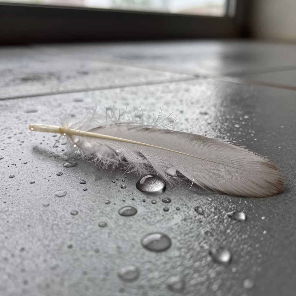Dew on Feather Barb in Caracas Dawn Light in across a rain-beaded metal surface in Caracas