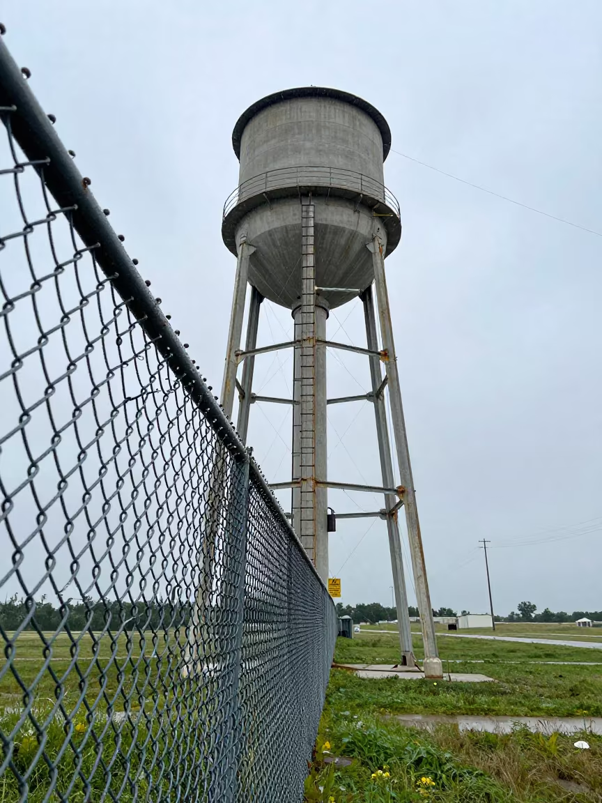 Dew on Fence Beside Water Tower Ladder in beside a water tower ladder in South Dakota