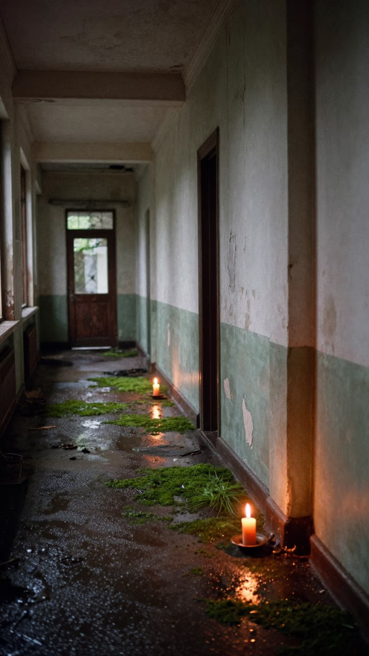 Dew on Moss in Abandoned Sanatorium Hall in on dew-soaked moss in Holon