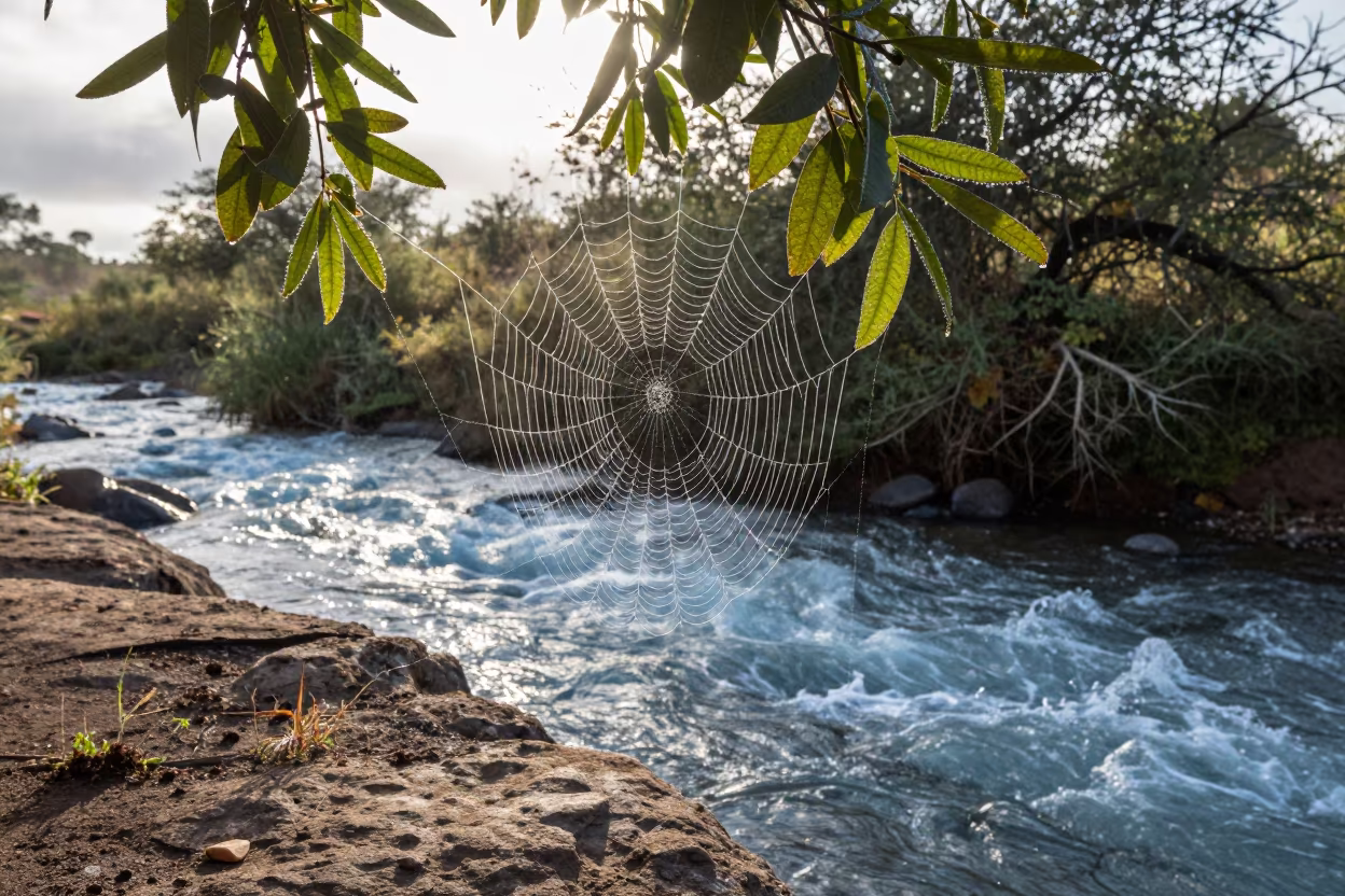 Dew on Spider Web Above Glacial Stream in above a glacial stream near Niamey