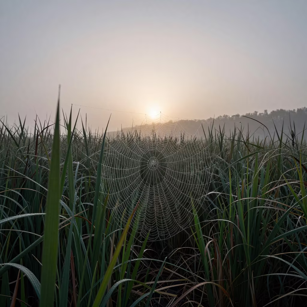 Dew on Spider Web at Chongqing Reed Bed Dawn in at the edge of a reed bed near Chongqing