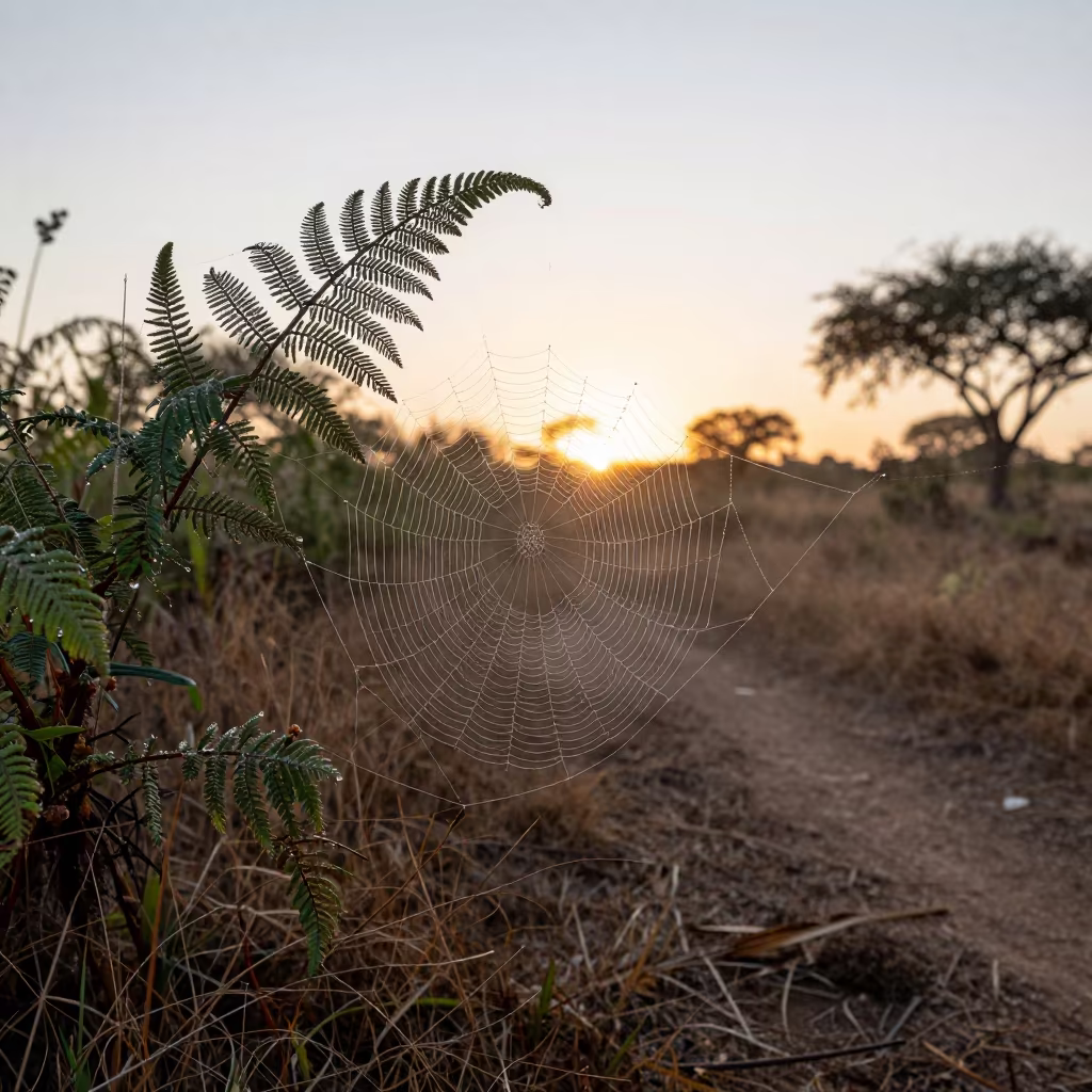 Dew on Spider Silk Silhouette at Zimbabwe Sunset in along a game trail in Zimbabwe