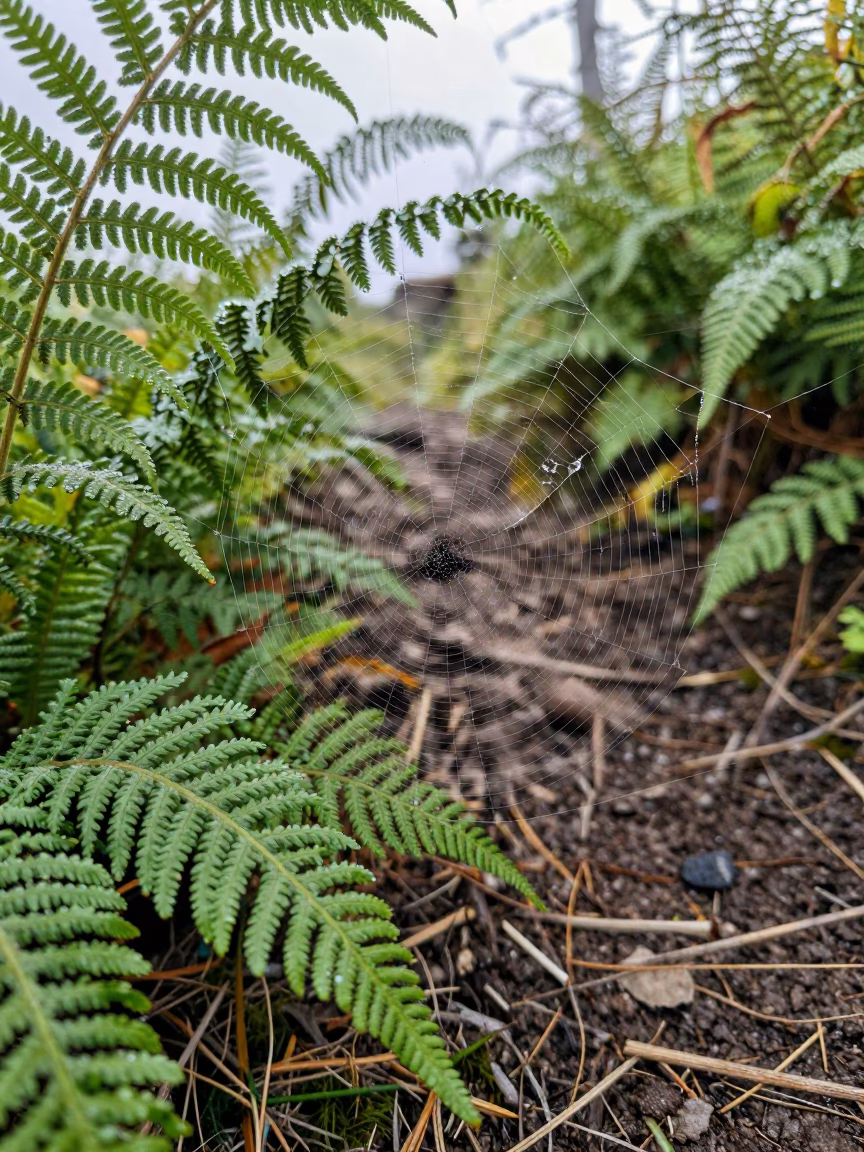 Dew on Spider Silk Ferns Switzerland Trail in along a game trail in Switzerland