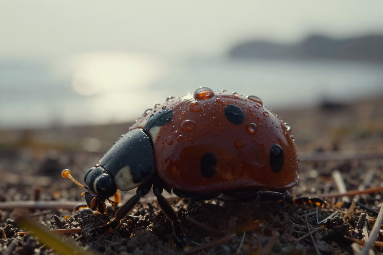 Dew Spots on Ladybug Shell Late Afternoon in in Sichuan