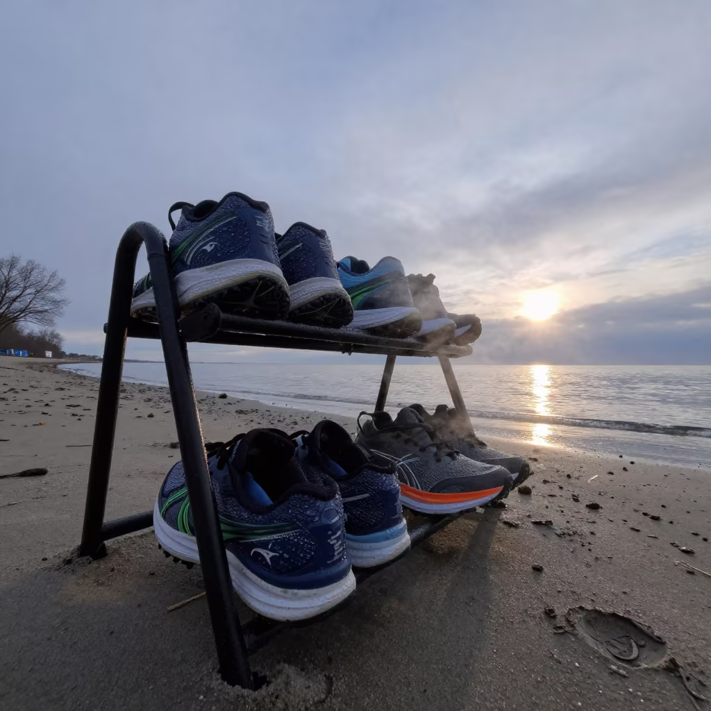 Dew on Triathlon Shoes Twilight Beach Montreal in along a beach near Little Italy, Montreal