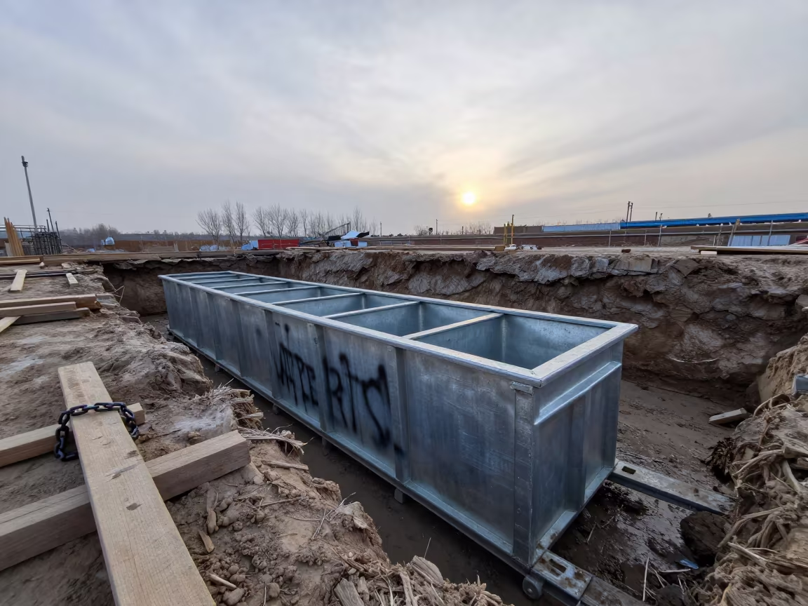 Dewatering Sock Filter Bin on Hebei Construction Site in inside a taped-off excavation edge in Hebei