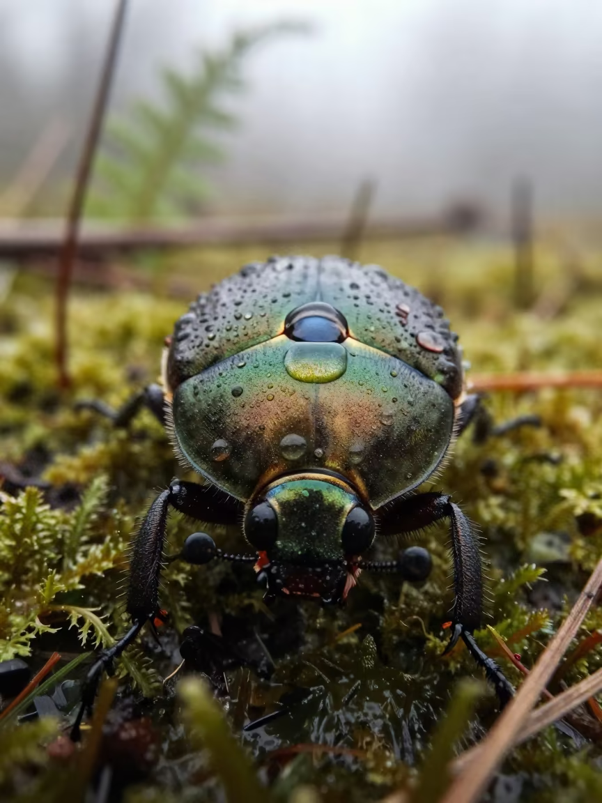 Dewdrop on Beetle Carapace at Austrian Dawn in in Austria