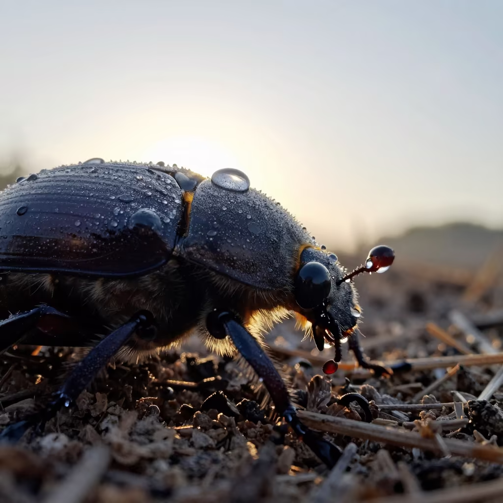 Dewdrop on Beetle Carapace at Dawn in along a game trail in Italy