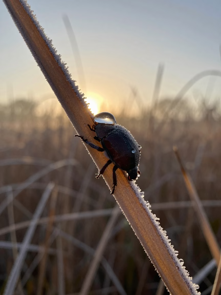 Dewdrop on Beetle Carapace at Dawn in Winter Reed Bed in at the edge of a reed bed near Culiacán