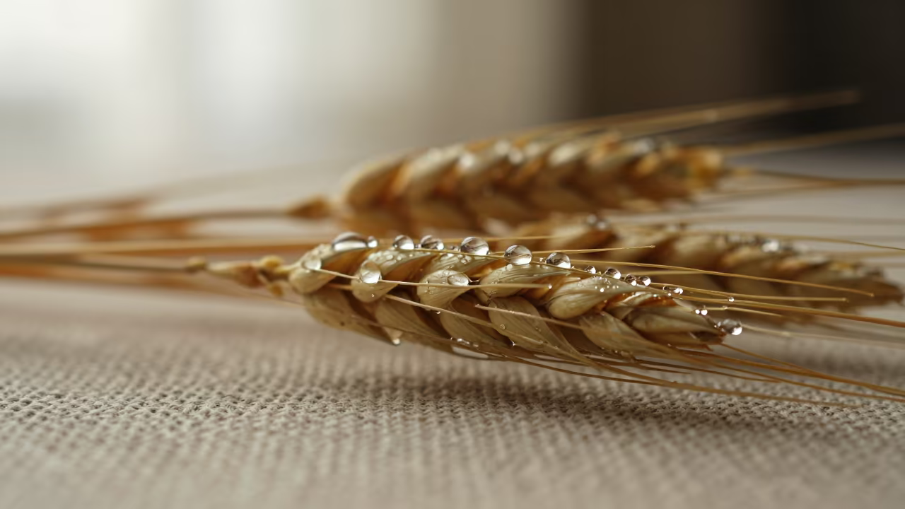 Dewdrop Chains on Barley Awns Against Linen in against woven linen fibers in Recife