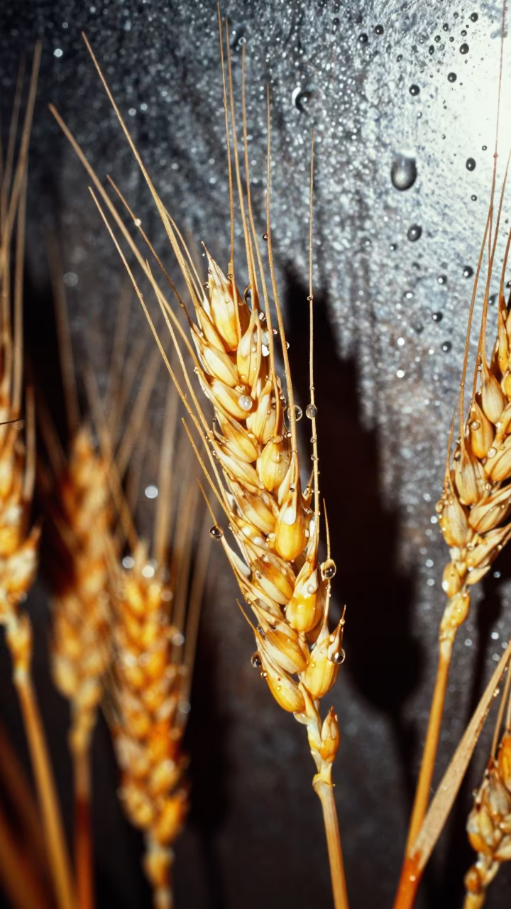 Dewdrop Chains on Barley Awns Macro in across a rain-beaded metal surface in Essen