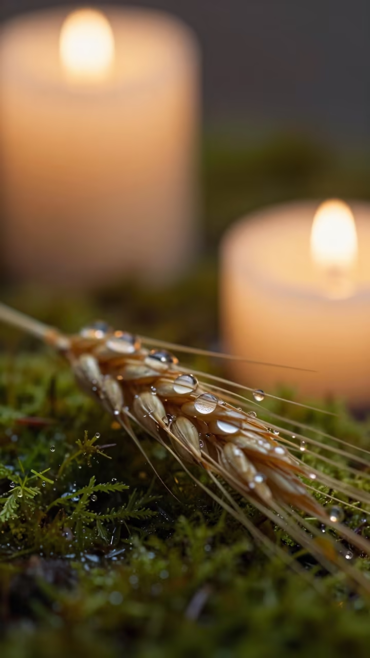 Dewdrop Chains on Barley Awns in on dew-soaked moss in Polokwane
