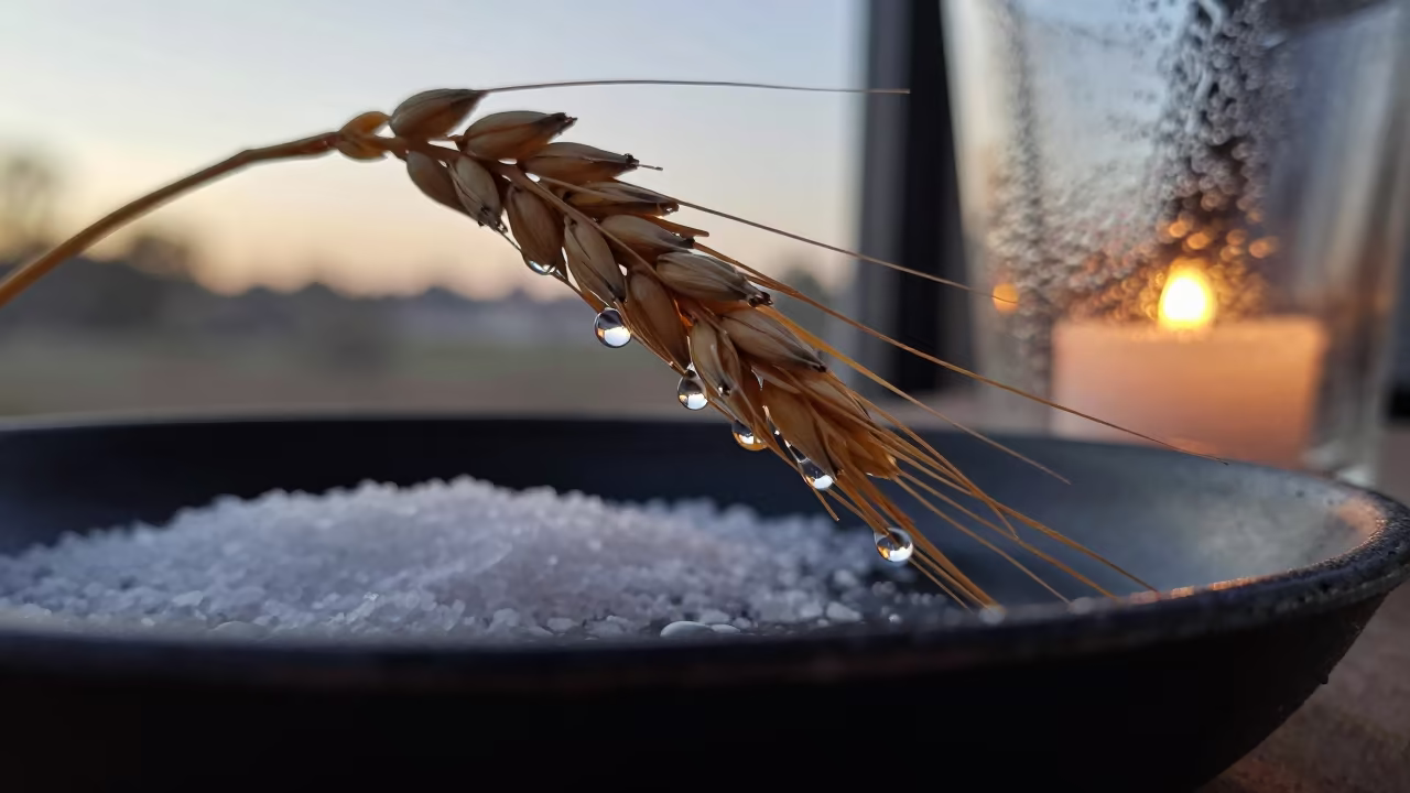 Dewdrop Chains on Barley Awns with Salt Crystals in on salt crystals along a pan rim in Blantyre