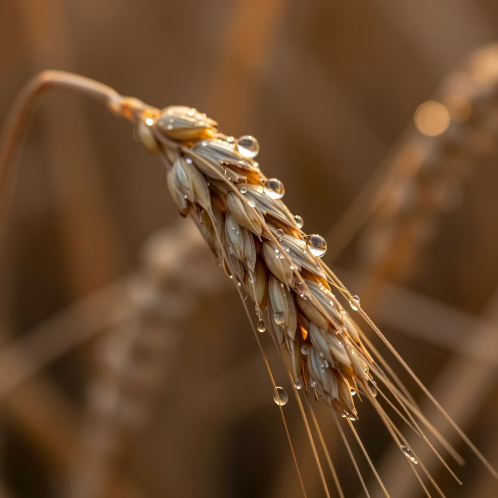 Dewdrop Chains on Barley Awns in Seed Pod in inside a seed pod split open in Vizianagaram