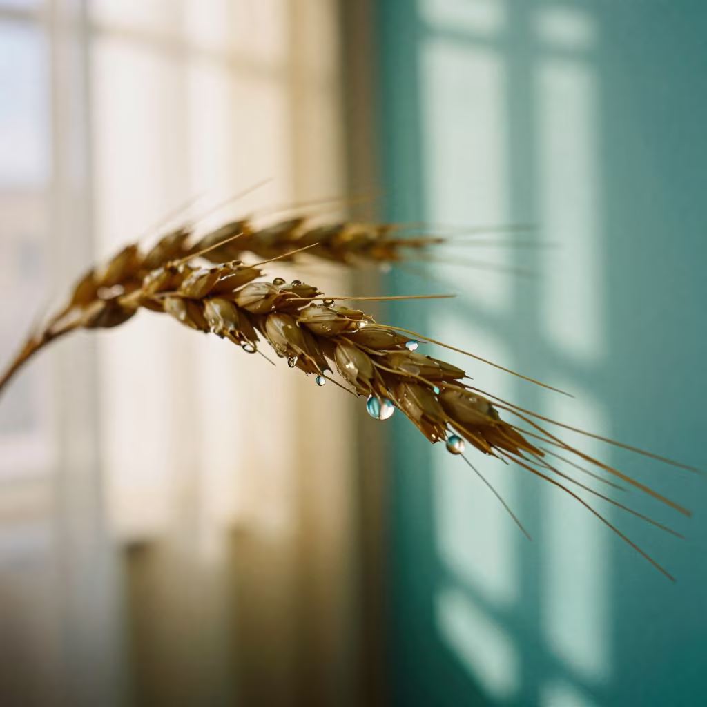 Dewdrop Chains on Barley Awns Against Turquoise in against weathered turquoise paint in Riyadh