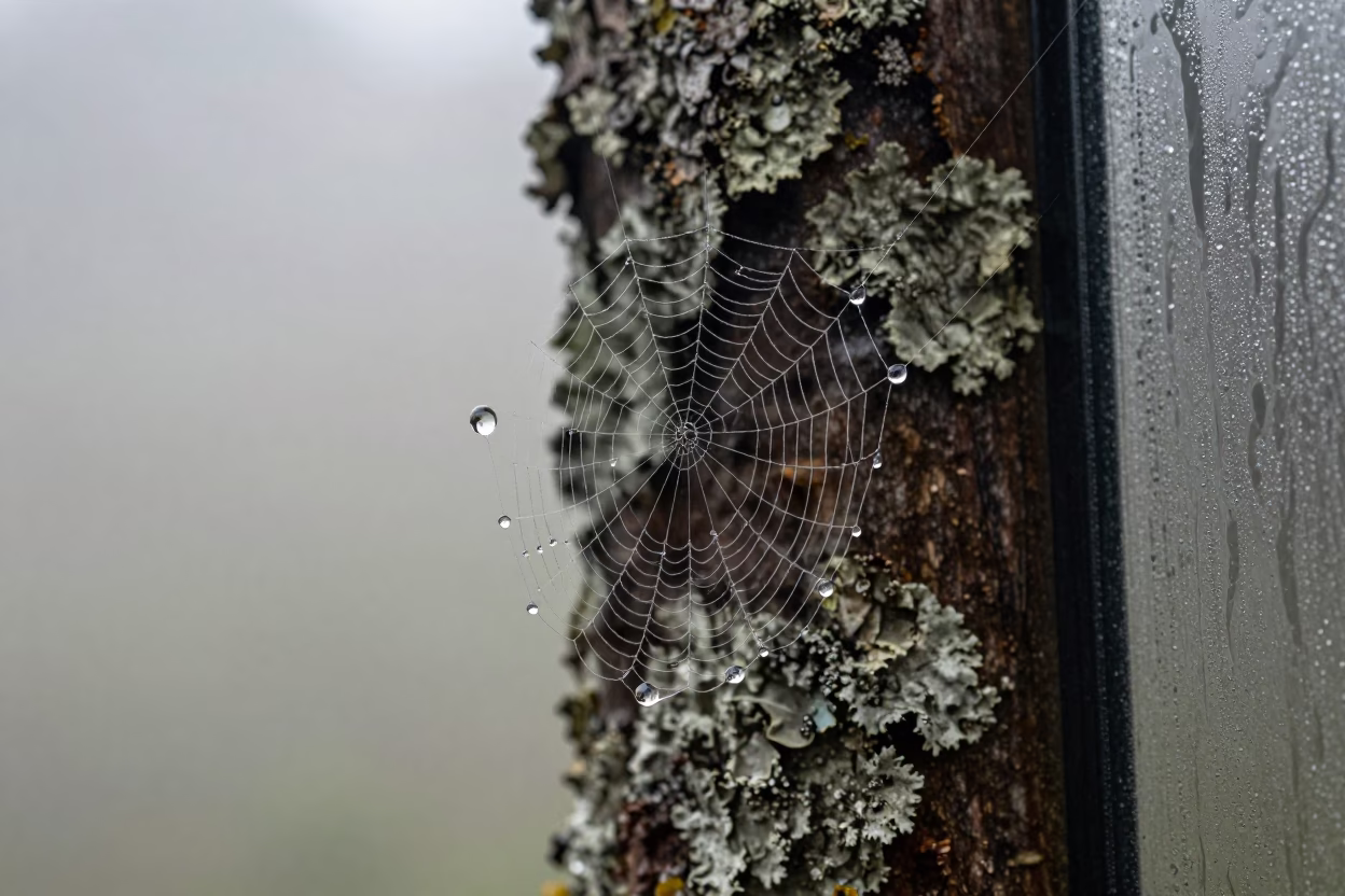 Dewdrop on Cobweb Reflects Sky in on lichen-covered bark in Puerto Ayacucho