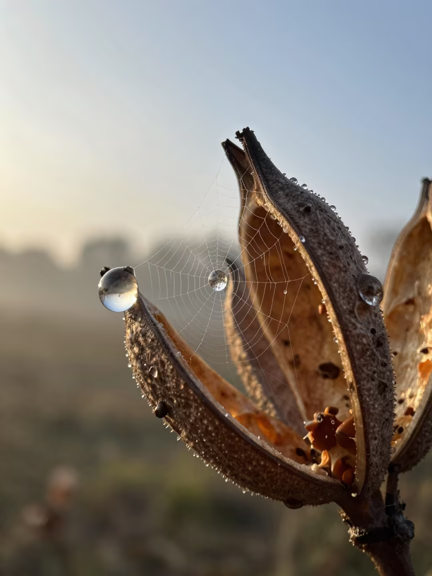 Dewdrop on Cobweb in Split Seed Pod in inside a seed pod split open in Okene
