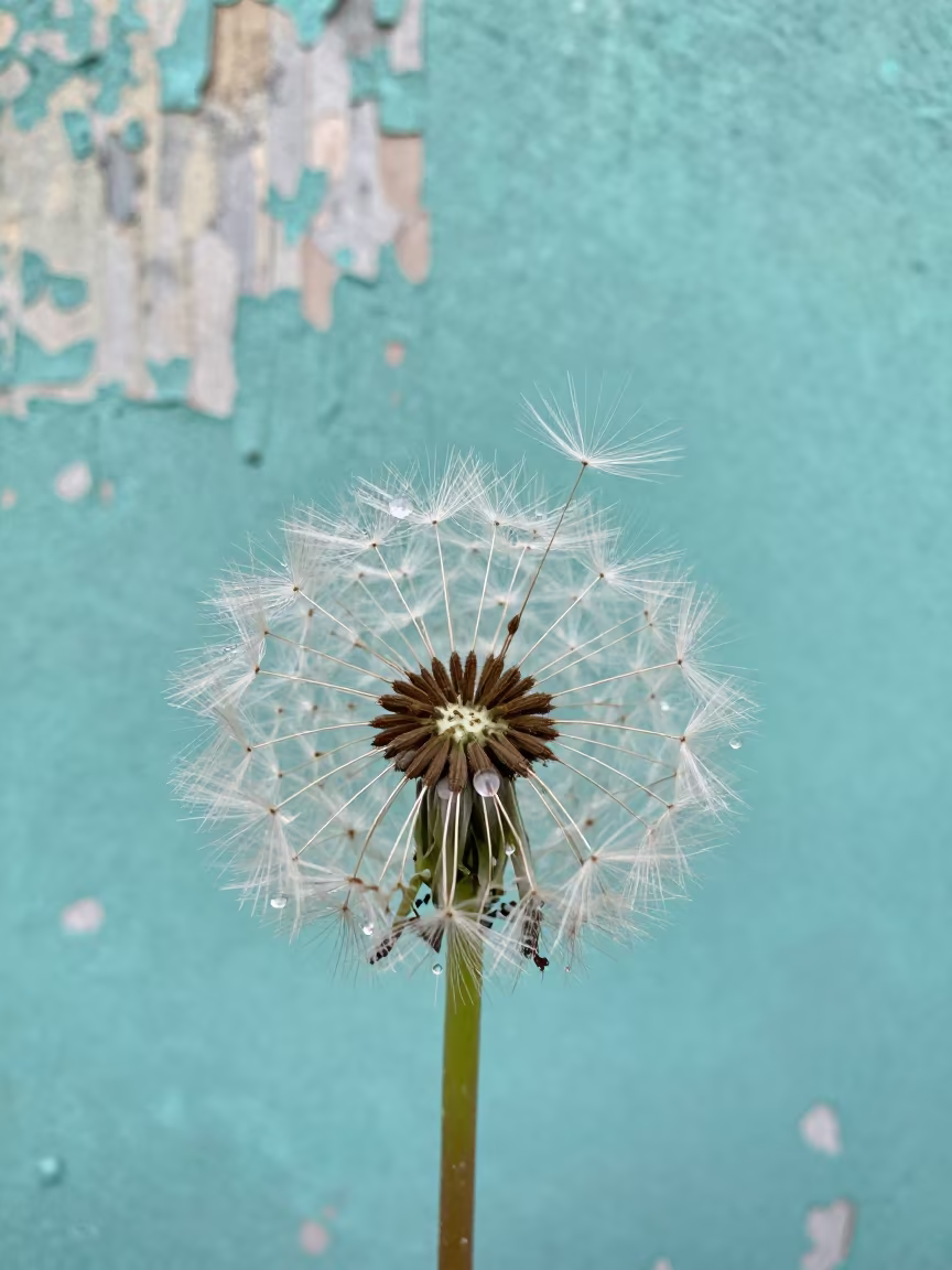 Dewdrop on Dandelion Seed in Sapporo Winter Light in against weathered turquoise paint in Sapporo