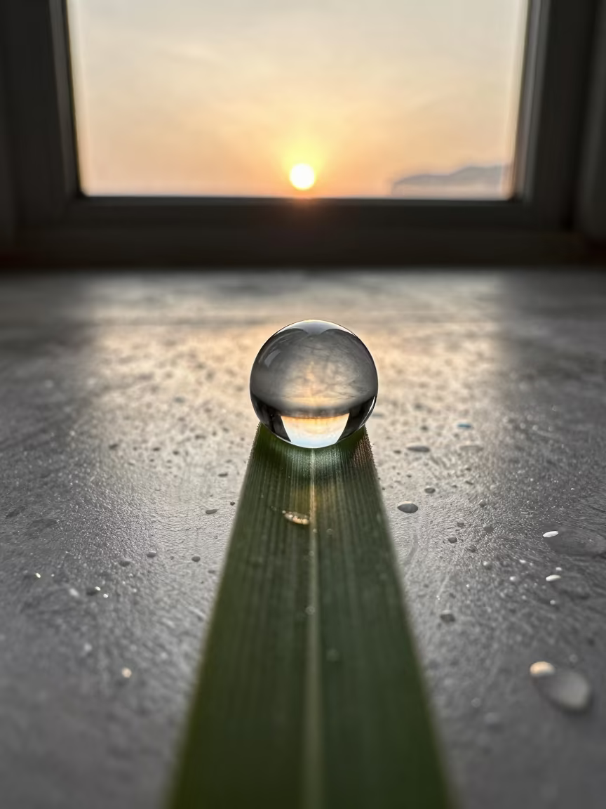 Dewdrop Lens on Grass in Cairns Window in across a rain-beaded metal surface near Cairns