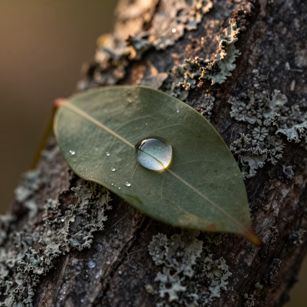 Dewdrop Lens on Lichen Bark Leaf Vein in on lichen-covered bark in Lubango