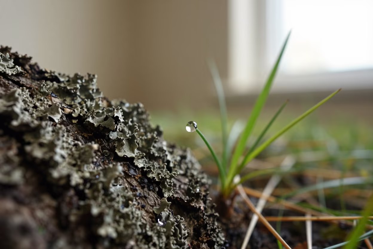 Dewdrop Lens on Lichen Bark in Sunlight in on lichen-covered bark in Omdurman