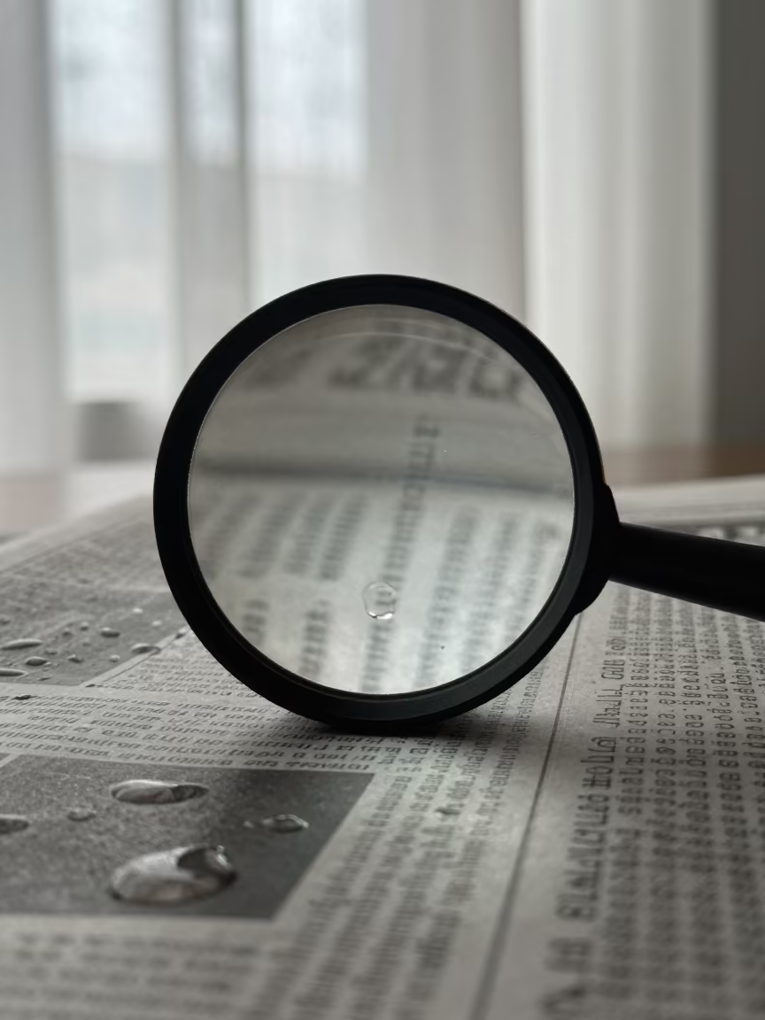 Dewdrop Lens Magnifying Newspaper Text Metal Surface in across a rain-beaded metal surface near Guayaquil