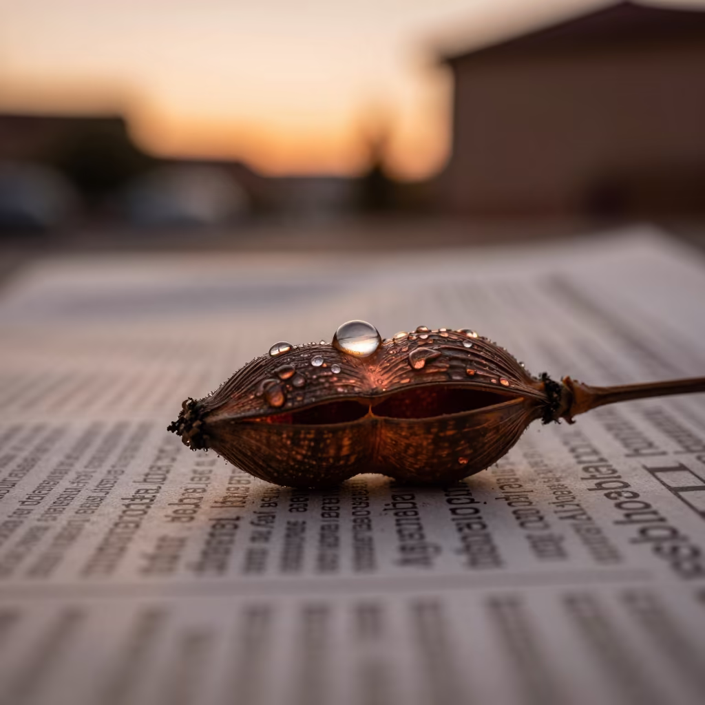 Dewdrop Lens on Newspaper Text in Pod in inside a seed pod split open in Alcalá de Henares